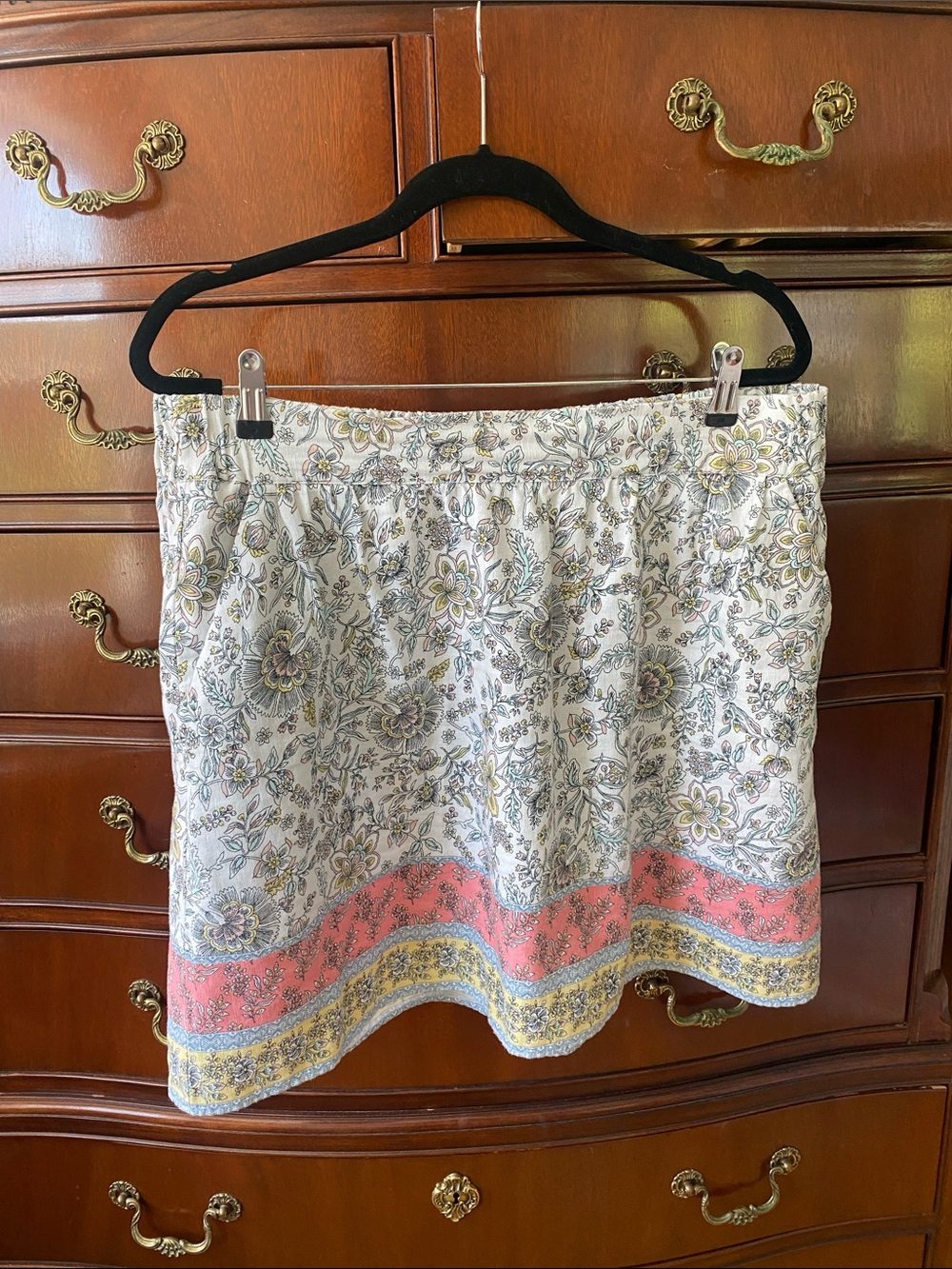 LOFT White Floral Mini Skirt with Pink & Yellow Hem Border